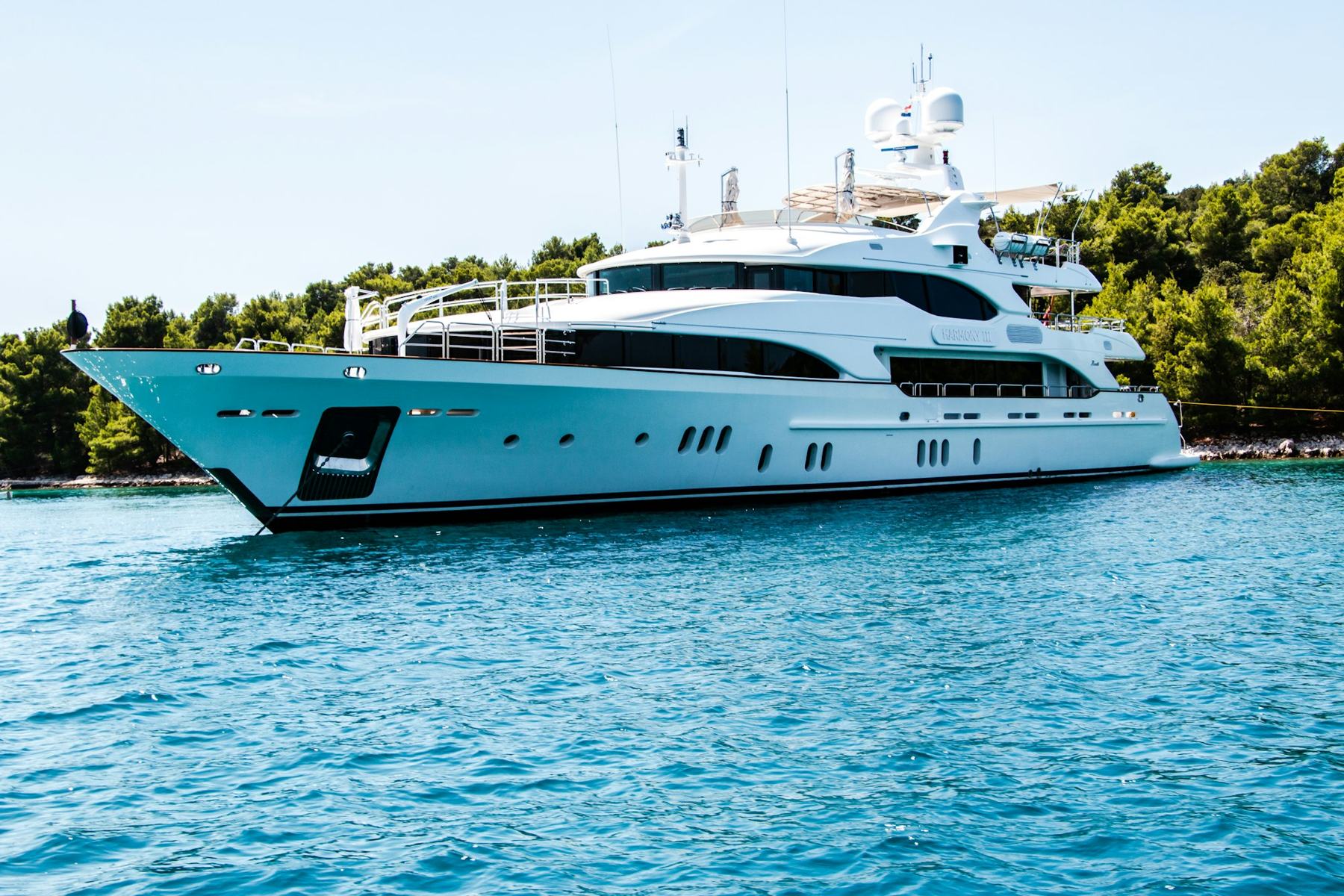 Motor yacht fitted with radar and satellite domes